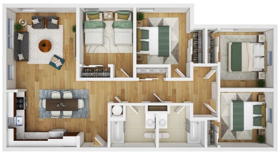 a 3d floor plan of a house with bedrooms and a living room
