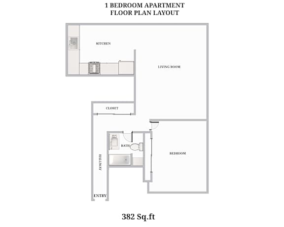 A floor plan of a one bedroom apartment is shown.