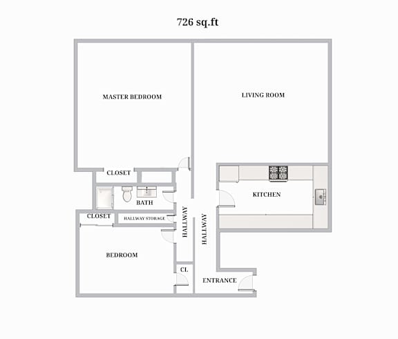 A floor plan of an apartment with a master bedroom and a living room.