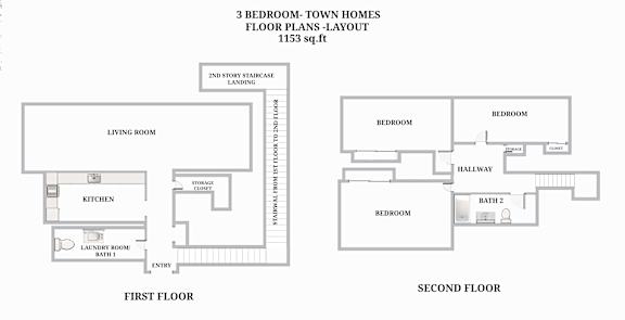 A floor plan for a 3 bedroom townhouse with a living room, kitchen, laundry room, and two bedrooms.