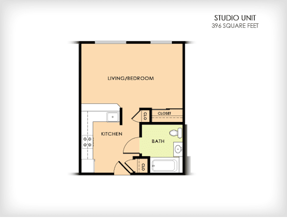 A floor plan of a studio unit with a living/bedroom, kitchen, and bath.