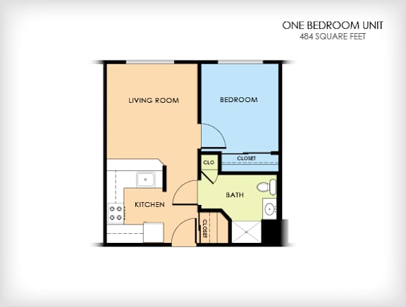 A floor plan of a one bedroom unit with a living room, bedroom, kitchen, bath, and closet.