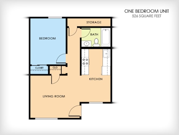 A floor plan of a one bedroom unit with a living room, bedroom, kitchen, bath, and storage.