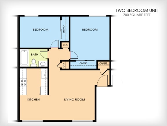 A two bedroom unit is 700 square feet.