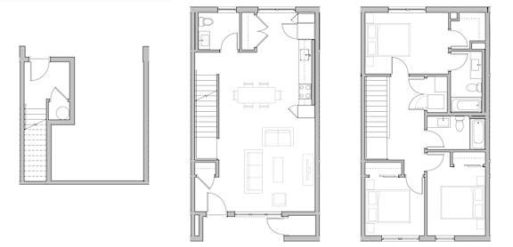Three floor plans of a house with different layouts.