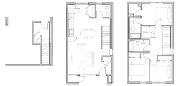 A floor plan of a building with three rooms and a staircase.