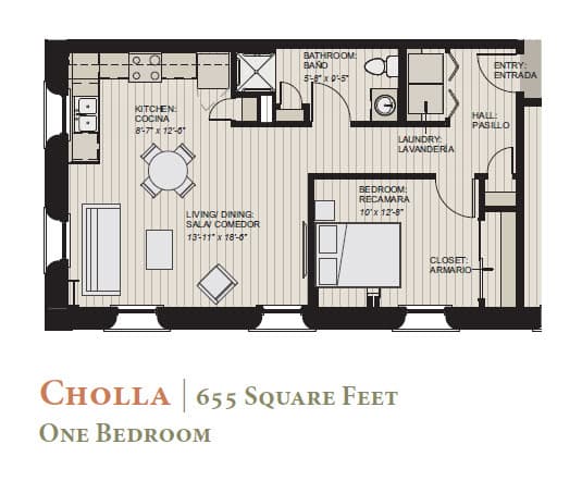 A floor plan of a one bedroom cholla apartment with 655 square feet.