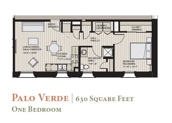 A floor plan of a one bedroom apartment at Palo Verde, which is 630 square feet.