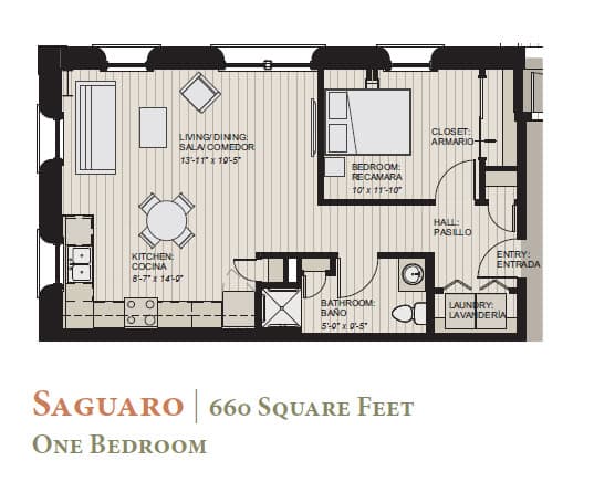 A floor plan of a one bedroom apartment that is 660 square feet.