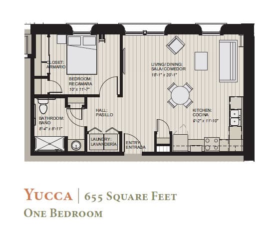 A floor plan of a one bedroom apartment at Yucca, which is 655 square feet.