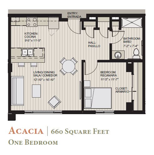 A floor plan of a one bedroom apartment with a living room, kitchen, and bathroom.