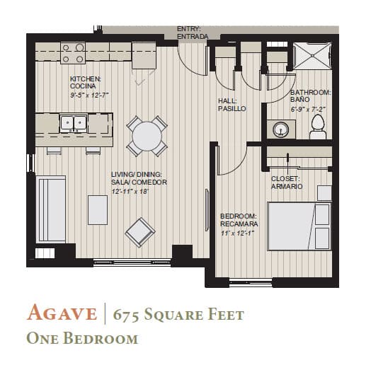 A floor plan of a one bedroom apartment with Agave 675 square feet.