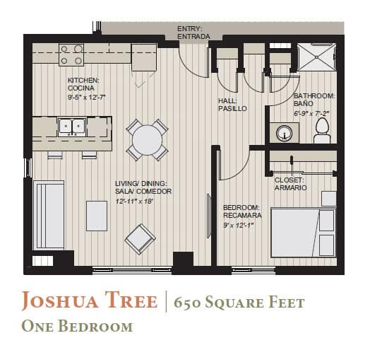A floor plan of a one bedroom apartment named Joshua Tree that is 650 square feet.