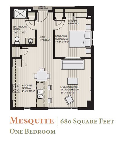A floor plan of a one bedroom apartment measuring 680 square feet.