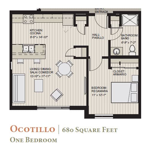 A floor plan of a one bedroom, 680 square feet home.