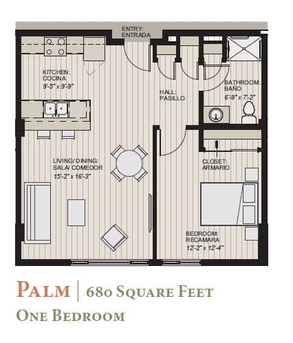 A floor plan of a one bedroom apartment with a living room, kitchen, and bathroom.