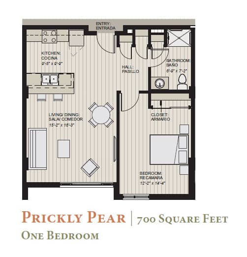 A floor plan of a one bedroom apartment named Prickly Pear.