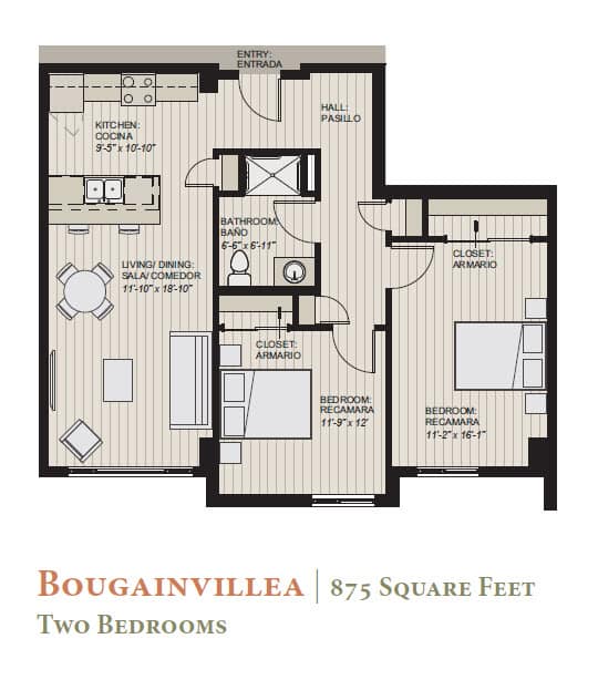 A floor plan of a two bedroom apartment at Bougainvillea, which is 875 square feet.