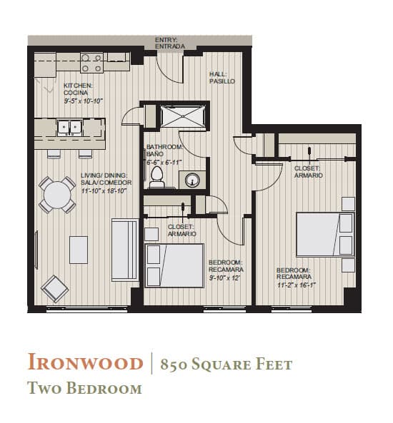 A floor plan of an Ironwood two bedroom apartment.