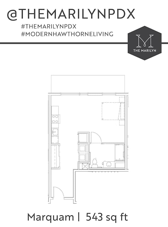 A floor plan for a 543 sq ft Marquam apartment.
