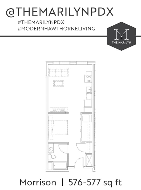 A floor plan for a 576-577 square foot Morrison apartment.