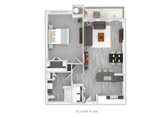 A floor plan of a small apartment with a kitchen, living room, and bathroom.