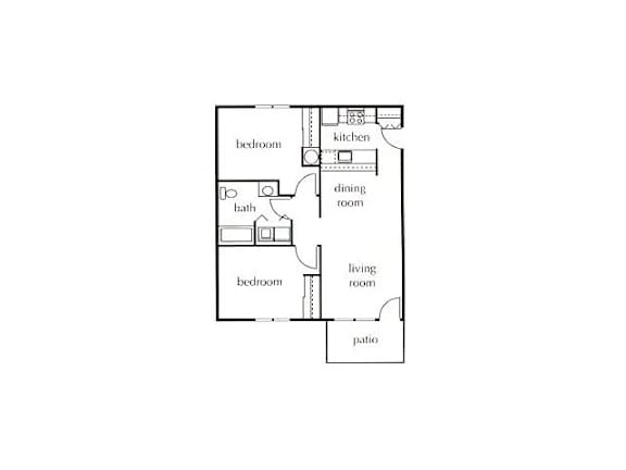 A floor plan of a house with a living room, dining room, kitchen, two bedrooms, a bathroom and a patio.