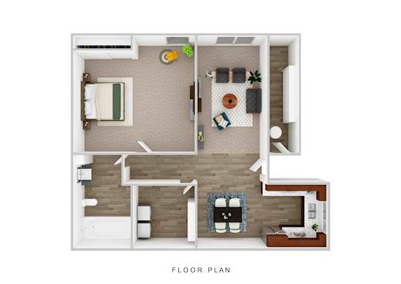 A floor plan of a small apartment with a kitchen, living room, and bathroom.