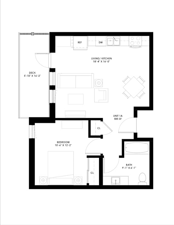 A black and white image of a floor plan for a living/kitchen area, bedroom, and bathroom.