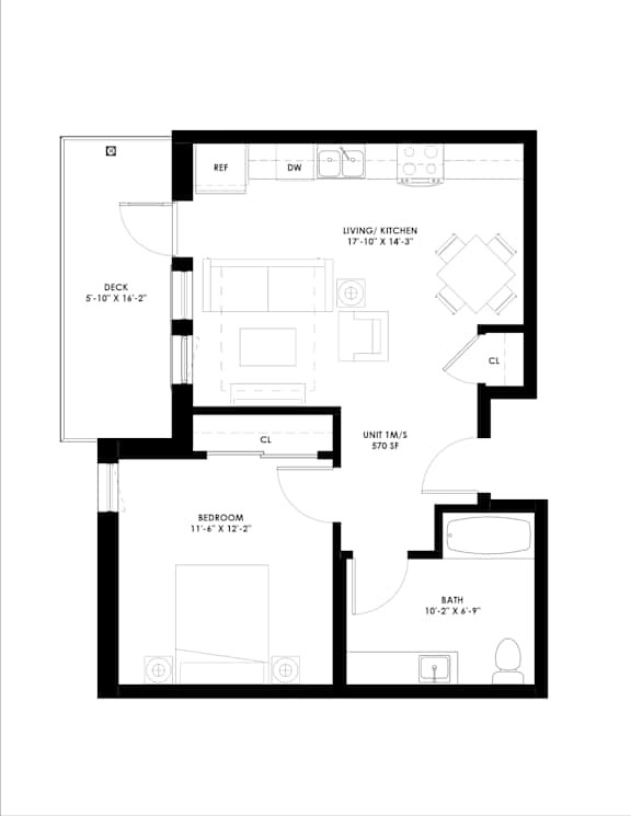 A black and white floor plan of a living and kitchen area.