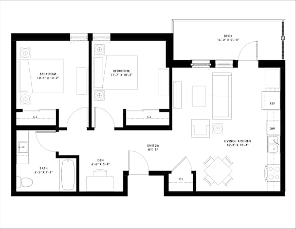 A black and white floor plan of a house with two bedrooms, a living area, a kitchen, a bathroom, and a den.