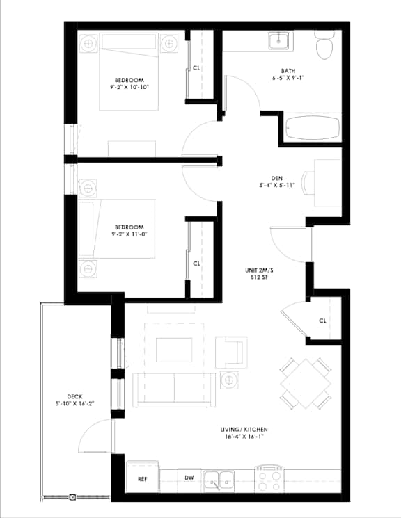A black and white image of a floor plan for an apartment.