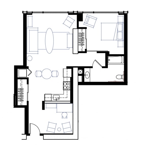 a floor plan of a small house with a bedroom and a living room