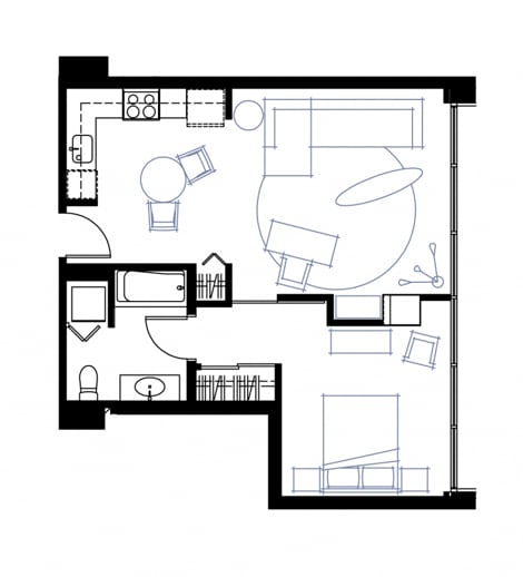a floor plan of a house with a bedroom and a living room
