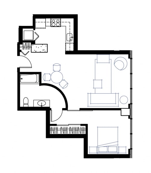 a floor plan of a small house with a bedroom and a living room