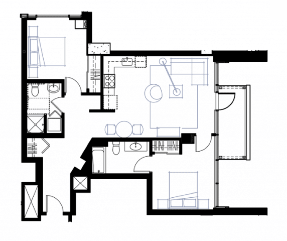 a floor plan of a house with a bedroom and a living room