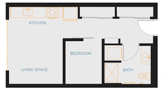 a floor plan of a room with a bathroom and a living space