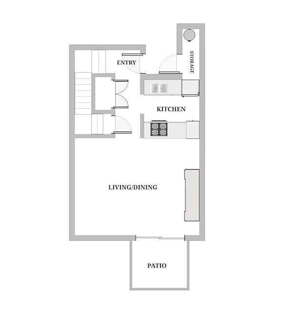A floor plan of a house with an entry, kitchen, living/dining area, and a patio.
