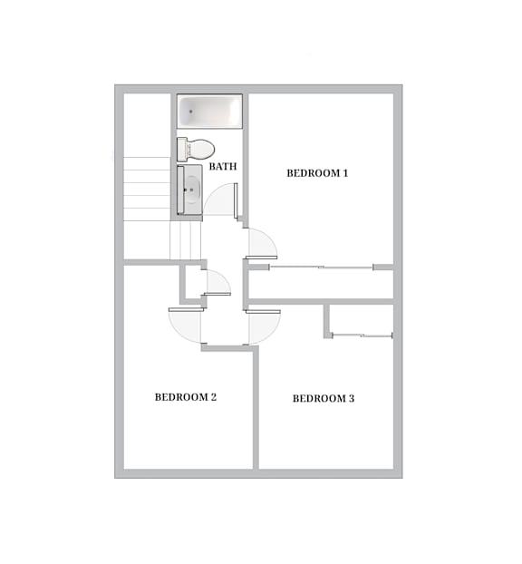 A floor plan of a small apartment with three bedrooms and a bathroom.