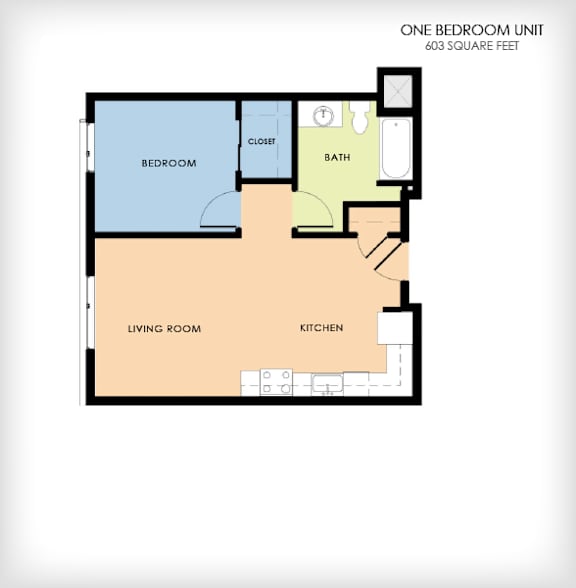 A floor plan of a one bedroom unit with a living room, kitchen, bedroom, and bathroom.