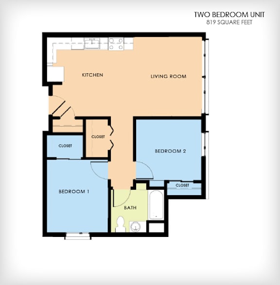 A floor plan of a two bedroom unit with a living room, kitchen, and bathroom.