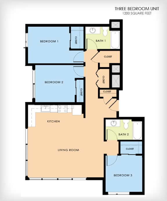 A floor plan of a three bedroom unit with a living room and two bathrooms.