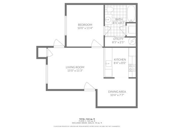 A drawing of a house layout with a bedroom, utility, kitchen, living room, and dining area.