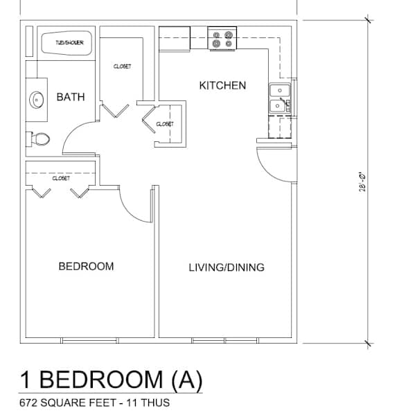 A floor plan of a 1 bedroom apartment sized at 672 square feet.
