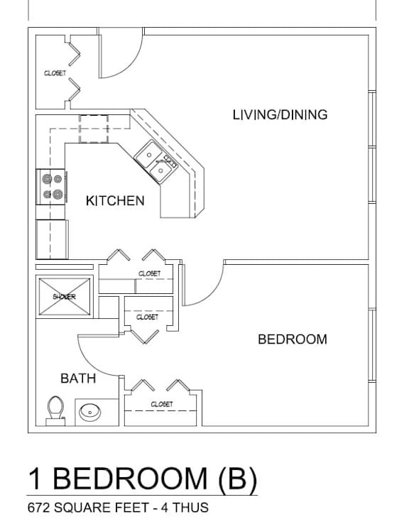 A floor plan of a 1 bedroom apartment sized at 672 square feet.