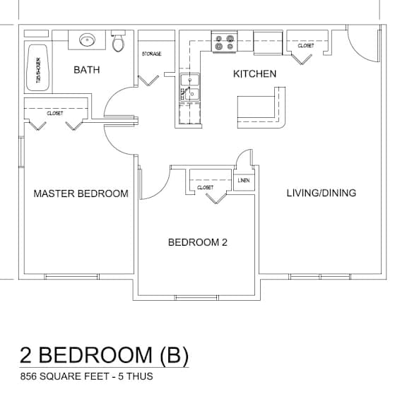 A floor plan of a 2 bedroom apartment with a living room and kitchen.