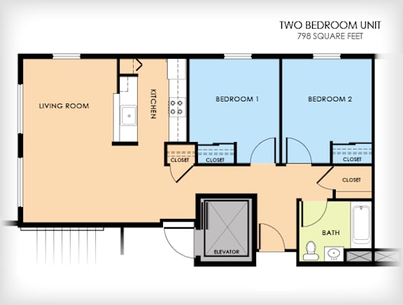 A floor plan of a two bedroom unit with a living room, kitchen, and bathroom.