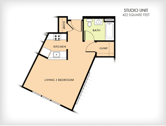 A floor plan of a 422 square feet studio unit with a living/bedroom area, kitchen, bath, and closet.