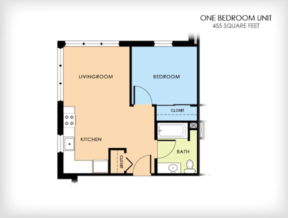 A floor plan of a one bedroom unit that is 455 square feet.