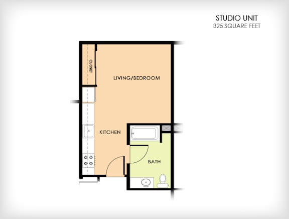 A floor plan of a studio unit with a living/bedroom, kitchen, and bath.